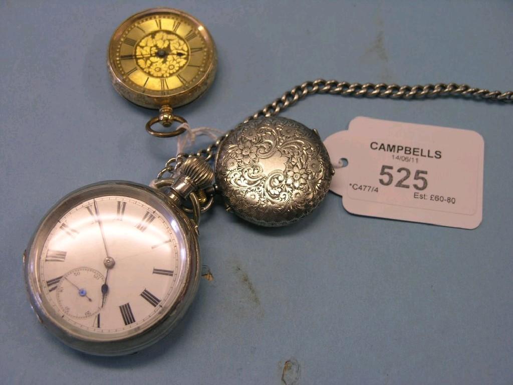 Appraisal: A Continental engraved gold pocket watch together with two silver