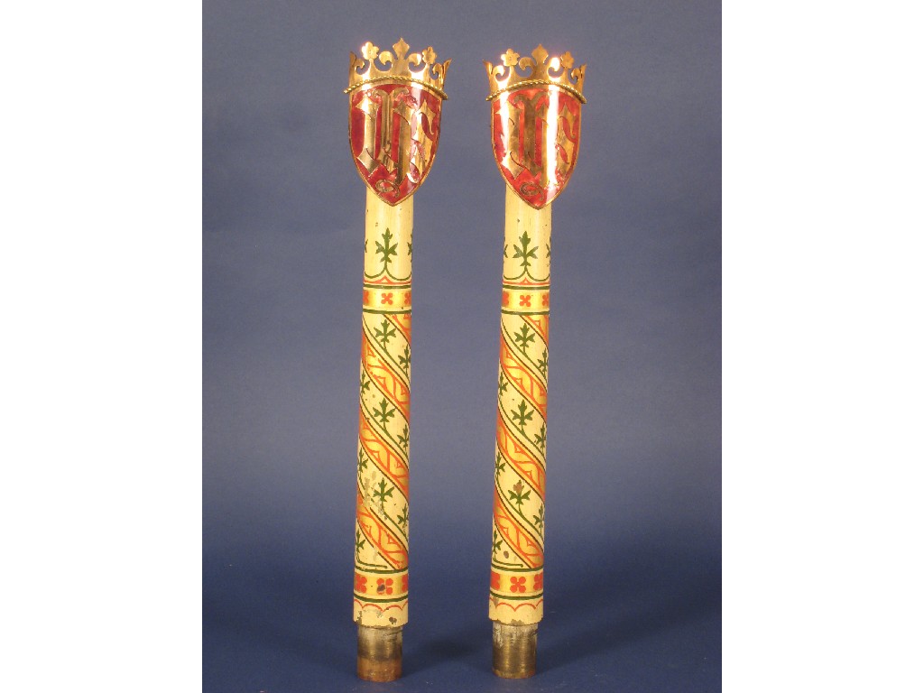 Appraisal: Pair of gothic painted brass Altar Candlesticks with green and