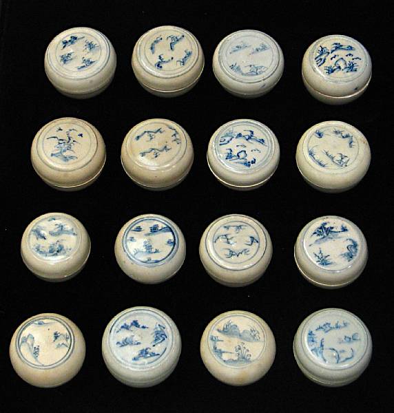 Appraisal: A group of sixteen blue and white landscape boxes Late