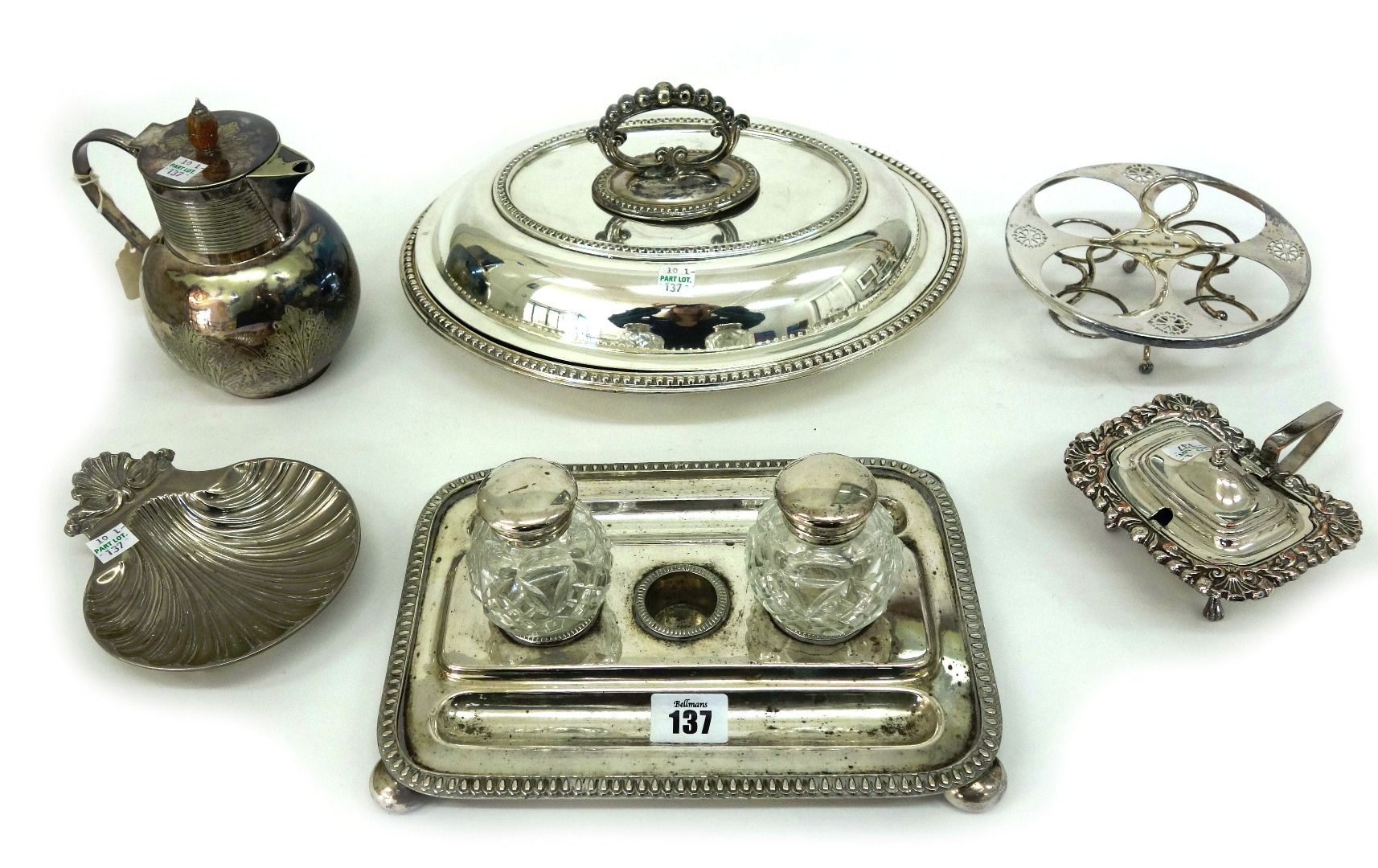 Appraisal: An Edwardian electroplate inkstand Walker Hall with a pair of