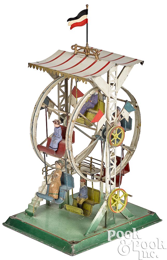 Appraisal: Falk painted tin Ferris wheel steam toy Falk painted tin