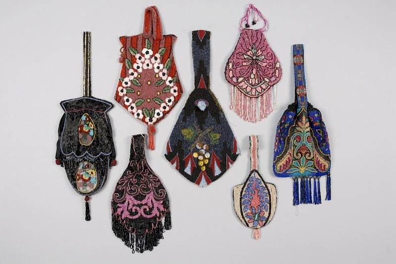 Appraisal: SEVEN BEADED BAGS EARLY th C All pouches most with