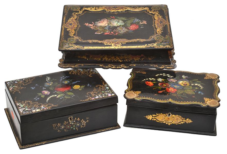 Appraisal: THREE VICTORIAN MOTHER OF PEARL INLAID PAPIER MACHE BOXES ALL