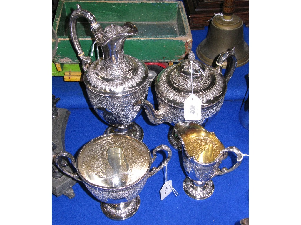 Appraisal: Four piece EP tea service water pot finial def