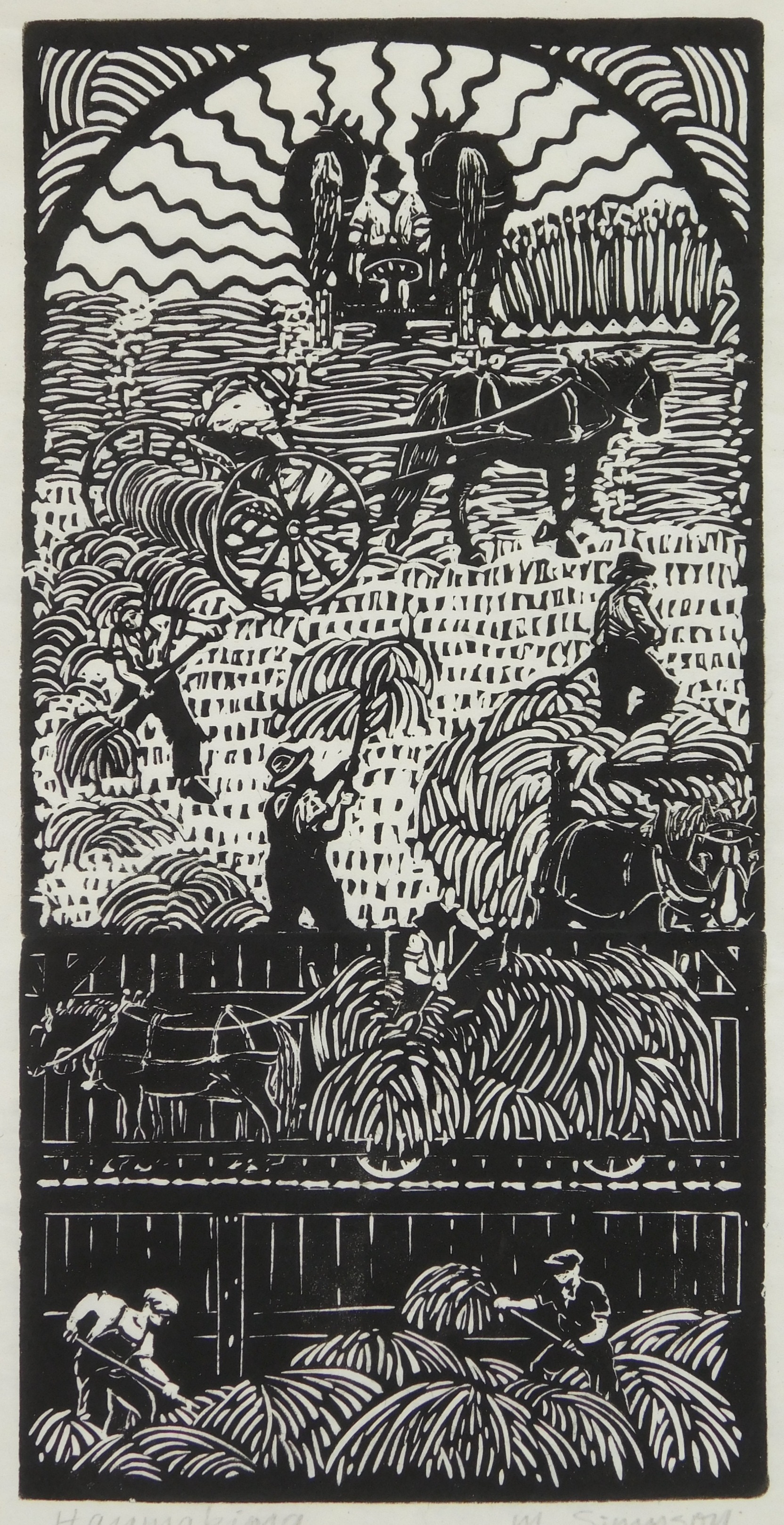 Appraisal: M Simpson th c Haymaking''- woodblock signed and titled in