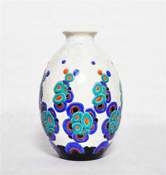 Appraisal: KERAMIS VASE circa Polychrome crackle glazed fa ence Decoration D