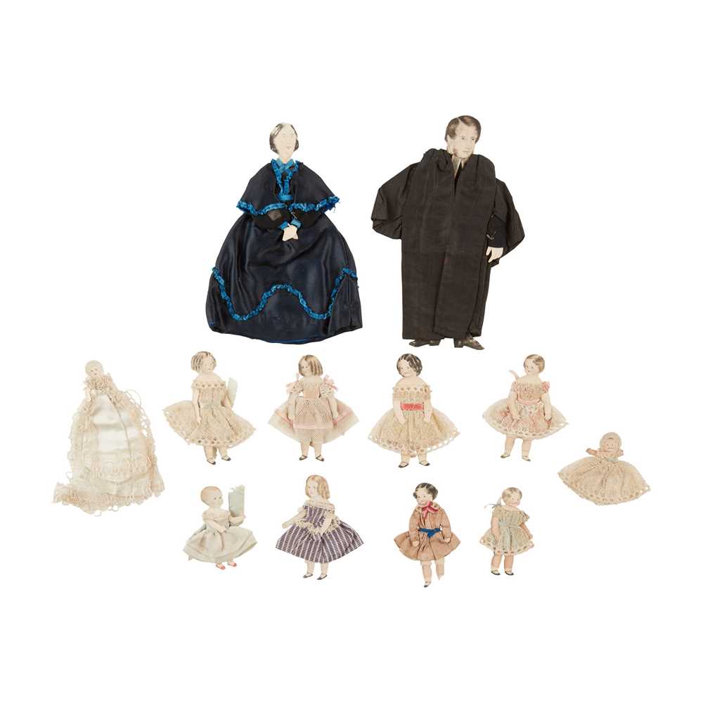 Appraisal: FAMILY OF PAPER-CUT DOLLS watercolour and pencil on card comprising