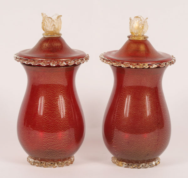 Appraisal: Pair of Murano art glass lidded jars ruby with gilt