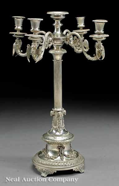 Appraisal: A Silverplate Five-Light Candelabrum th c scrolled arms with griffin