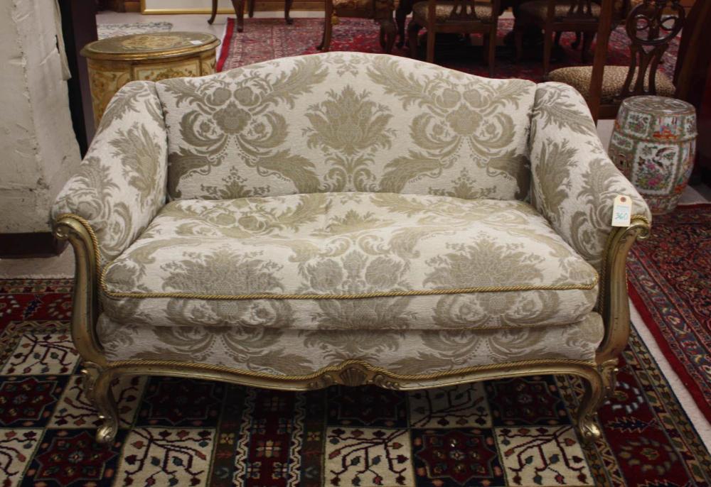 Appraisal: LOUIS XV STYLE UPHOLSTERED GILTWOOD SETTEE H x W