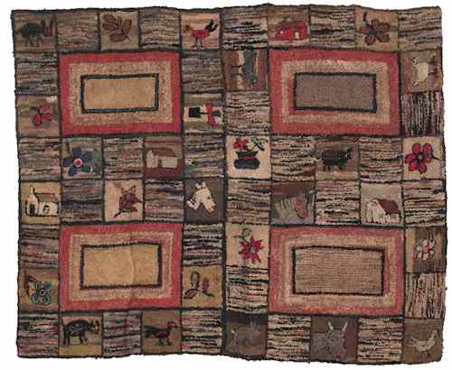 Appraisal: American hooked rug late th c with vignettes of animals