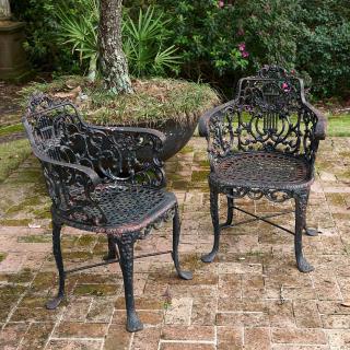 Appraisal: Pair Victorian cast iron lyre back armchairs Pair Victorian cast