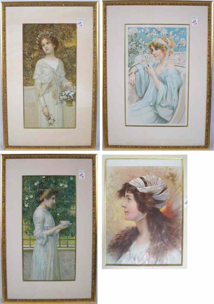 Appraisal: FOUR VICTORIAN STYLE COLOR PRINTS beautiful women in vertical settings