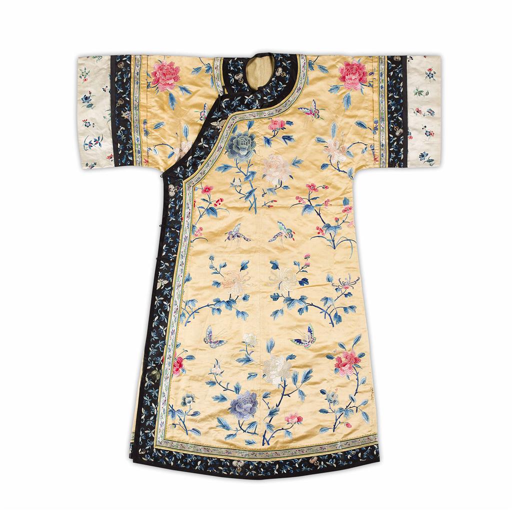 Appraisal: YELLOW-GROUND SILK-EMBROIDERED ROBE LATE QING DYNASTY embroidered with blooming chrysanthemum