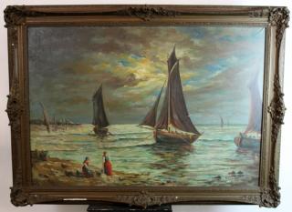 Appraisal: M Clayton oil on canvas seascape with ships M Clayton