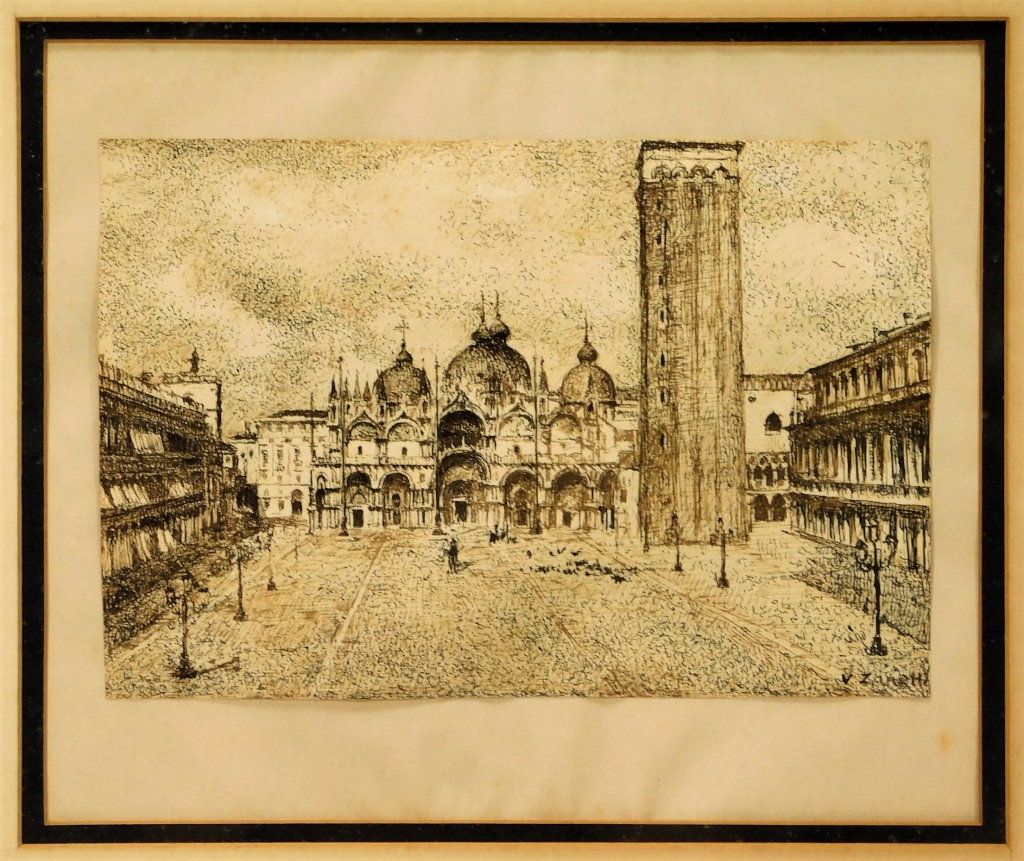 Appraisal: VITTORE ZANETTI CITY STREET SCENE ETCHING Italy - Crosshatched buildings