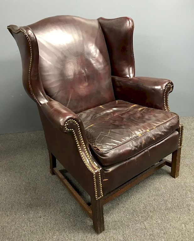 Appraisal: Chippendale style Red Leather Wing Chair Chippendale style red leather