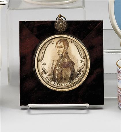 Appraisal: Framed scrimshawed ivory plaque Square frame enclosing bust-length portrait of