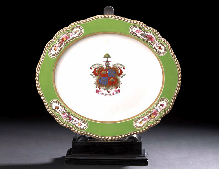 Appraisal: Fine English Parcel-Gilt and Mint-Green-Bordered Porcelain Armorial Platter first quarter