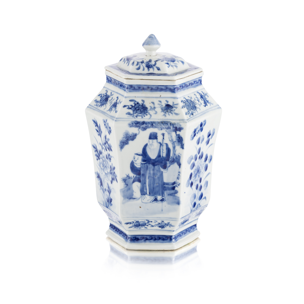 Appraisal: BLUE AND WHITE HEXAGONAL COVERED JAR LATE QING DYNASTY the