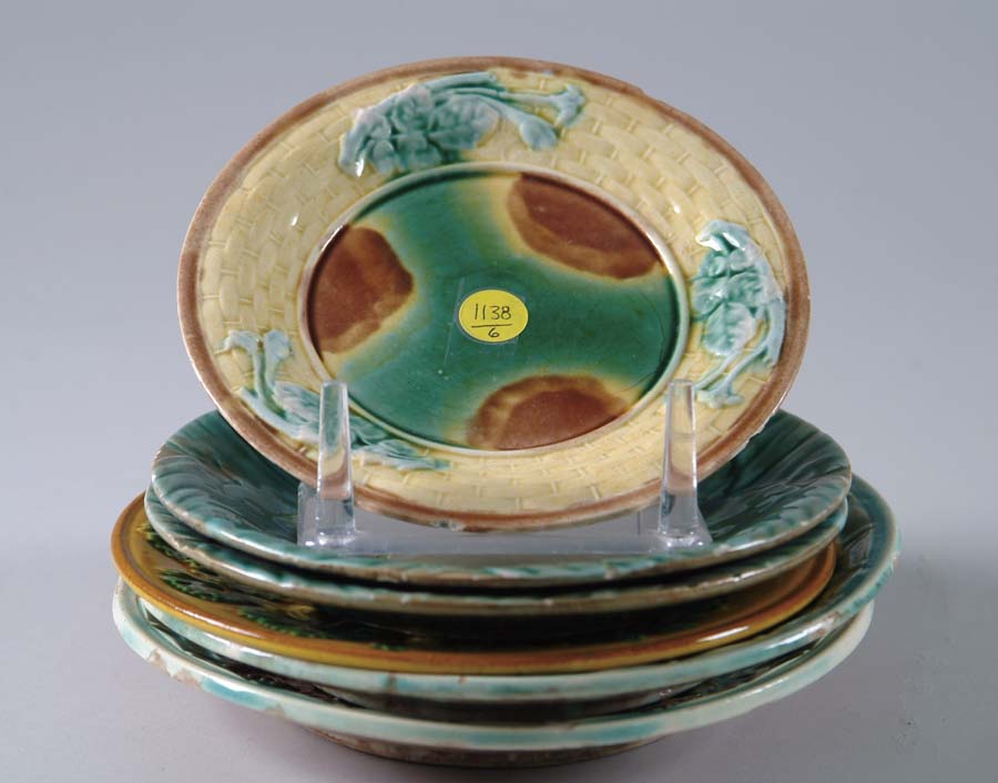 Appraisal: LOT OF SIX MAJOLICA PLATES Includes a pair of basketry