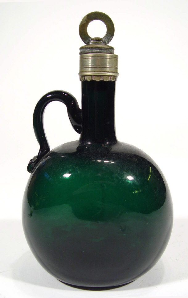 Appraisal: th Century green glass bottle with silver plated mount and