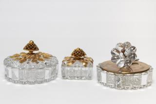 Appraisal: Heisey Glass Brass Lidded Boxes or Jars Vintage Heisey American