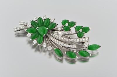 Appraisal: A Platinum Diamond and Imperial Jade Brooch Signed Marsh Platinum