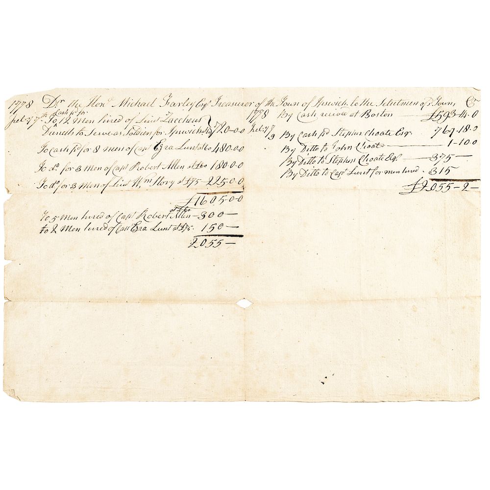 Appraisal: Treasurer Accounting of Monies Spent Recruiting Continental Army Soldiers American