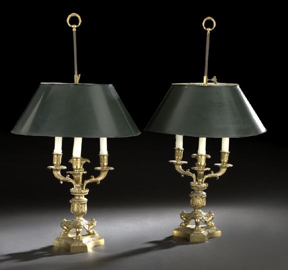 Appraisal: Opulent Pair of French Gilt-Brass and Black Tole-Peinte Three-Light Bouillotte