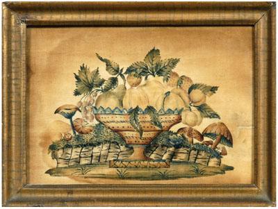 Appraisal: American theorem painting finely executed small still life with fruit