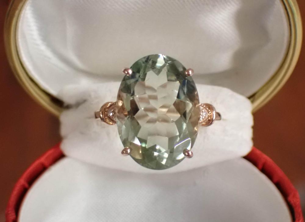 Appraisal: PRASIOLITE DIAMOND AND FOURTEEN KARAT ROSE GOLD RING with three