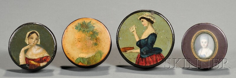 Appraisal: Four Assorted Round Snuff Boxes Decorated with Ladies th to