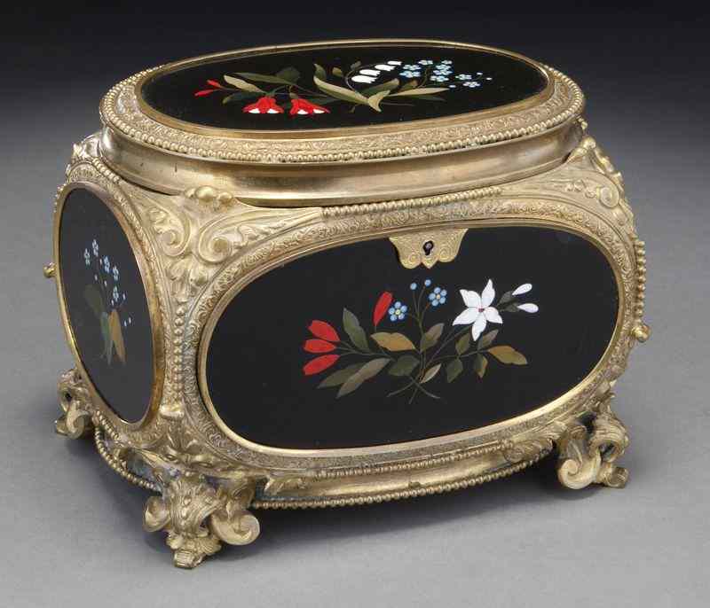 Appraisal: French gilt bronze and pietra dura box the top and