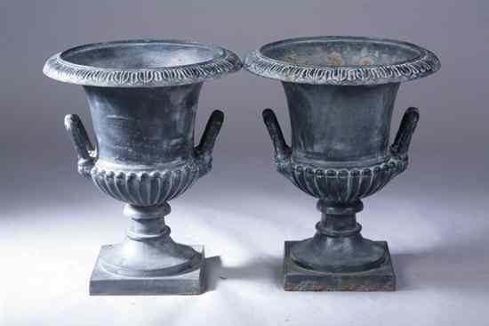 Appraisal: PAIR NEOCLASSICAL STYLE BRONZE GARDEN URNS Urn-form having handles square