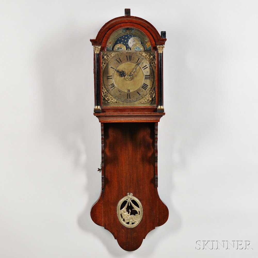 Appraisal: Mahogany Dutch Hood Wall Clock with Automata c dome-top mahogany