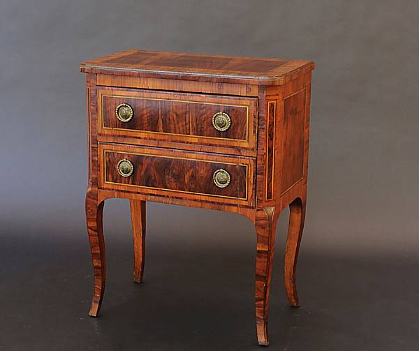 Appraisal: An Italian Neoclassical parquetry walnut commodino The rectangular crossbanded top