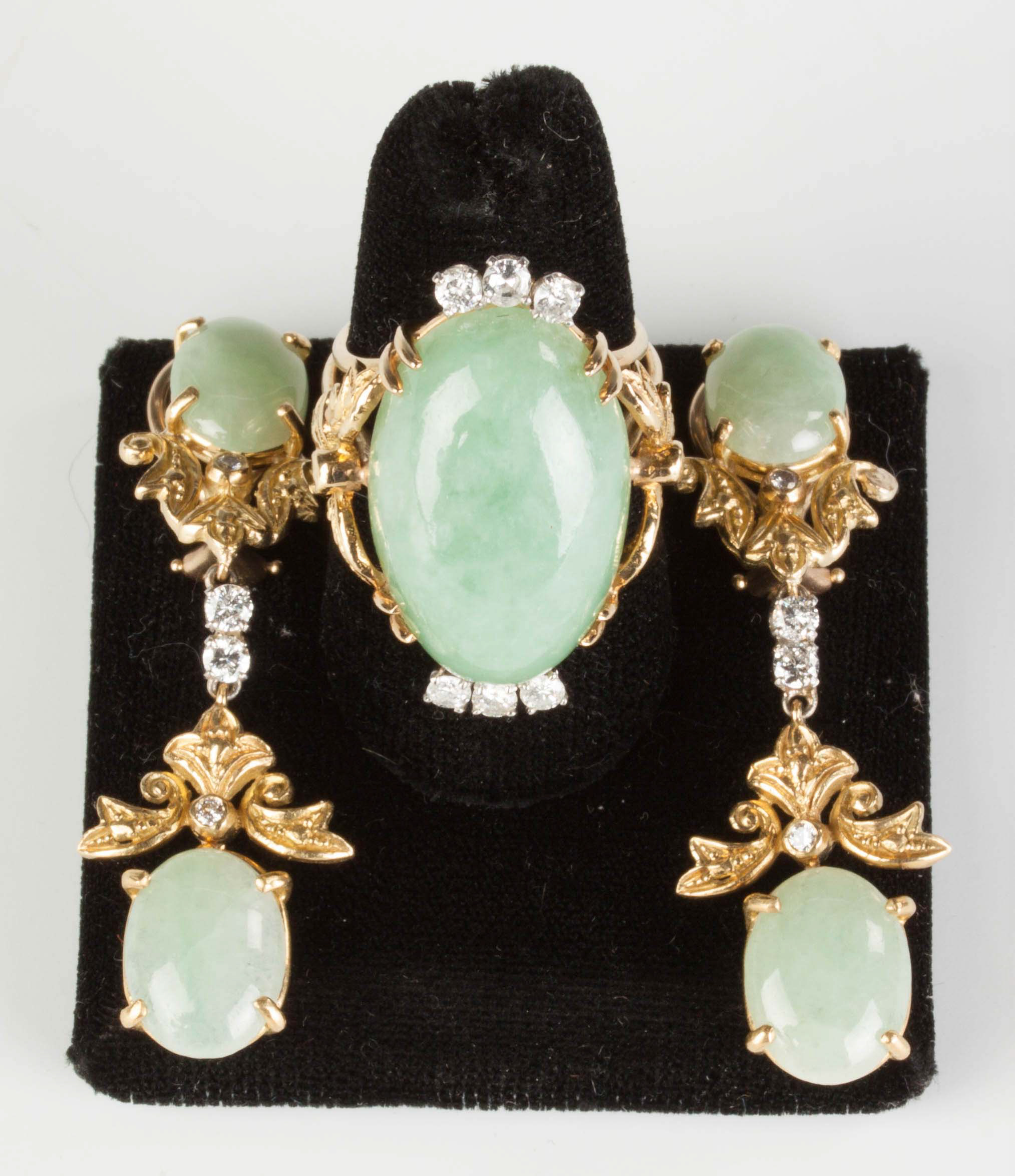 Appraisal: Vintage K Gold Jade and Diamond Ring and Earrings Earrings