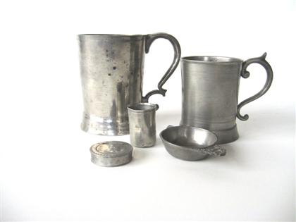 Appraisal: Group of pewter items Including a circular bright-cut snuff box