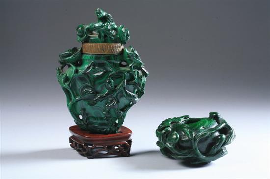 Appraisal: CHINESE MALACHITE BRUSH WASHER AND VASE One carved with bat