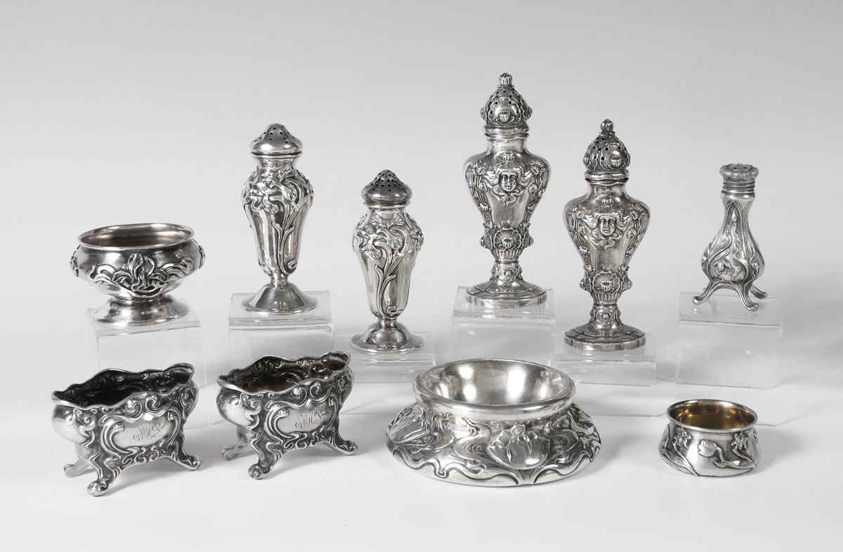 Appraisal: COLLECTION ART NOUVEAU STERLING SALT PEPPER pieces to include Unger