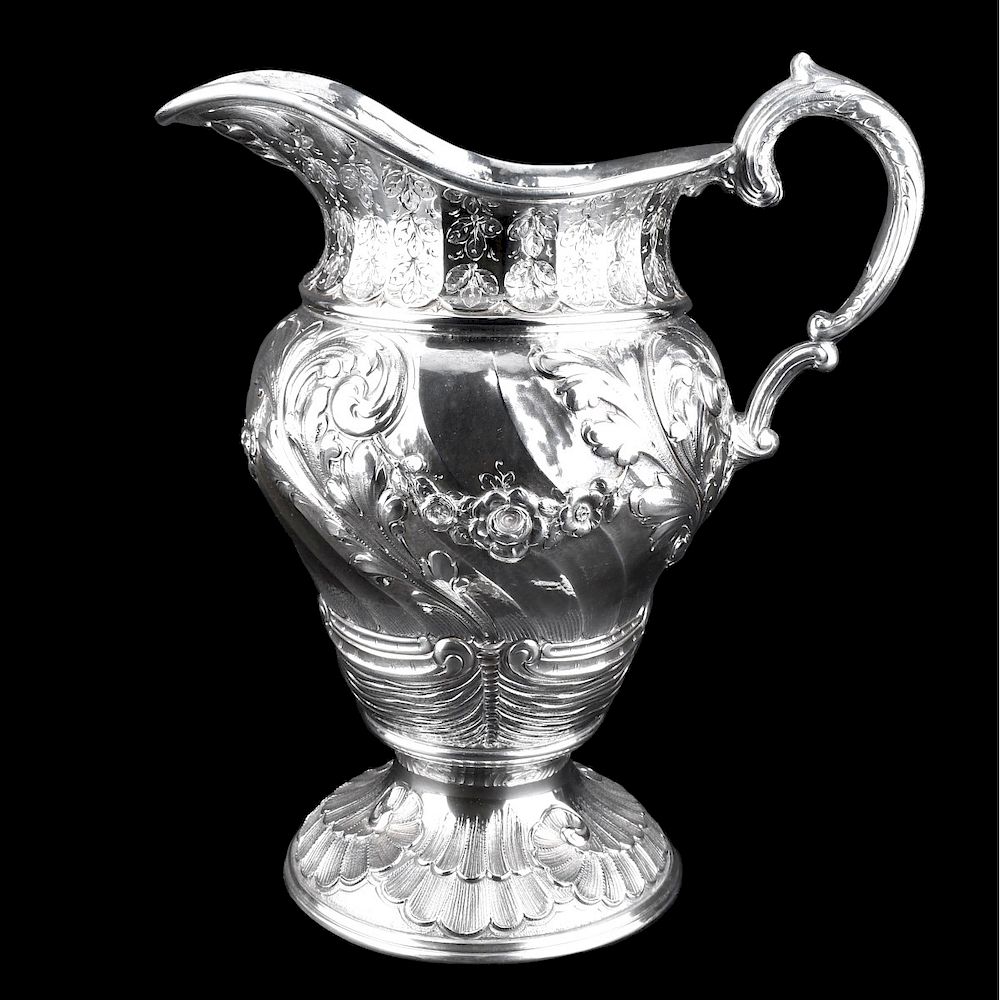 Appraisal: th C Repousse Silver Plate Water Pitcher Large Late th