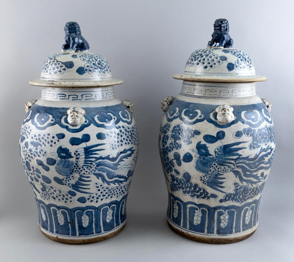 Appraisal: PAIR OF CHINESE BLUE AND WHITE PORCELAIN TEMPLE JARS SECOND