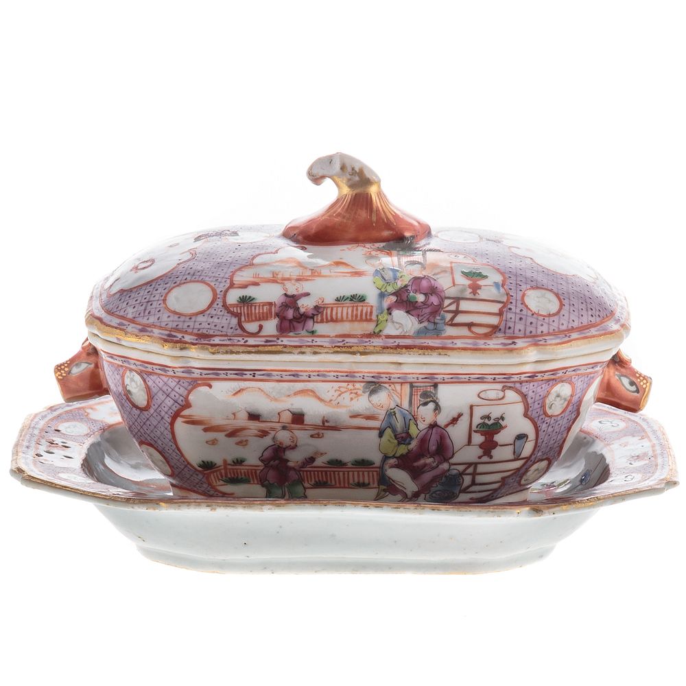 Appraisal: Chinese Export Mandarin Palette Sauce Tureen Circa octagonal tureen with