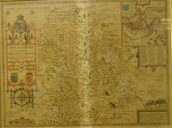 Appraisal: John Speed engraved coloured map of Shropshyre with Royal Coat