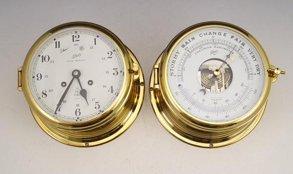 Appraisal: SHATZ ROYAL MARINER BRASS SHIPS CLOCK BAROMETER Brass case with