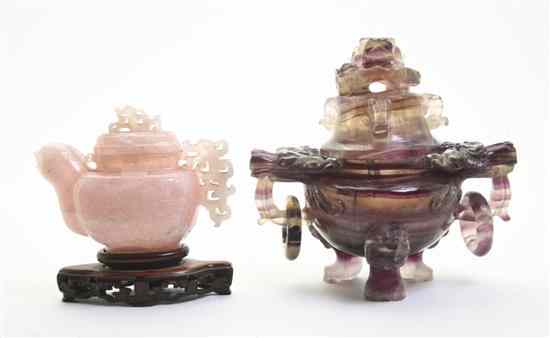 Appraisal: Two Rose Quartz and Amethyst Decorative Articles comprising a censer