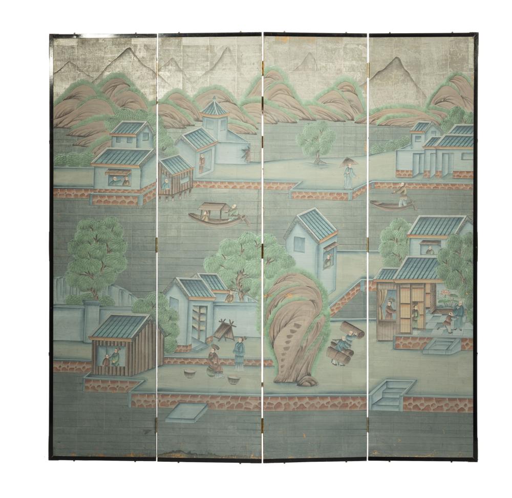 Appraisal: Chinoiserie Four-Fold Screen th c pieced paper panels decorated with