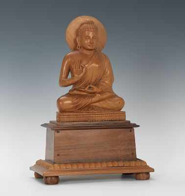 Appraisal: A Carved Wood Buddha Figurine on Stand A handsomely carved