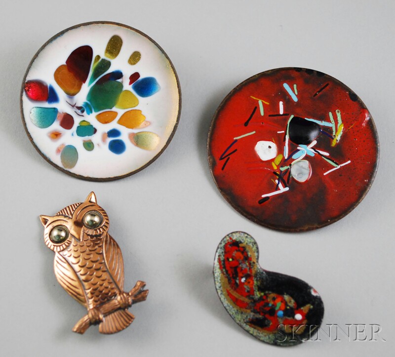 Appraisal: Three Modern Enamel Brooches and a Copper Owl Brooch wd